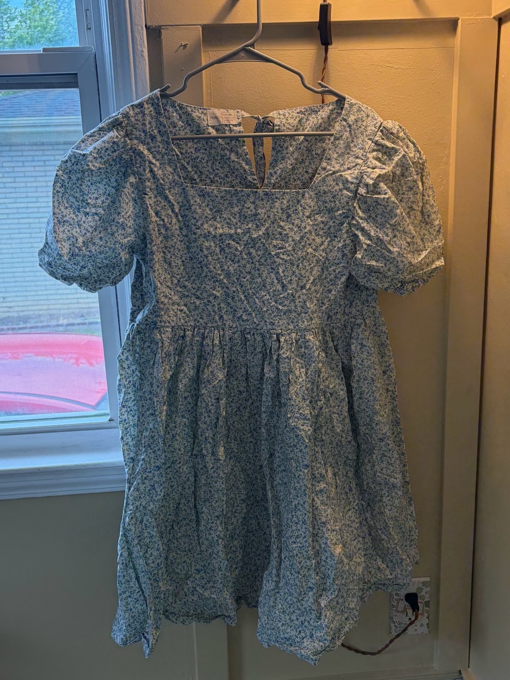 Blue Floral Puff-Sleeve Handmade Cotton Mini Dress
